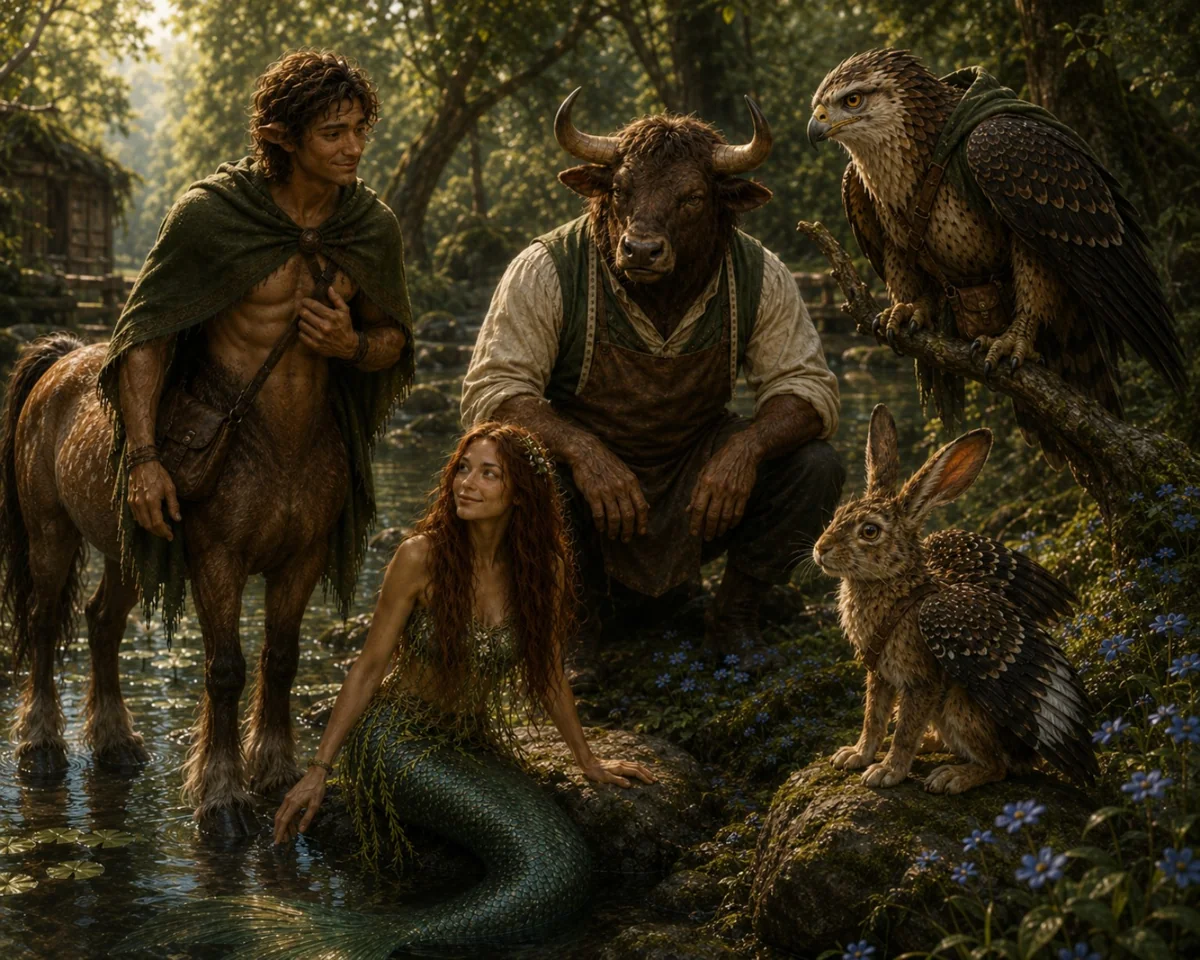 Kentaur, minotaur, sjöjungfru, rovfågel och skvader vid vatten