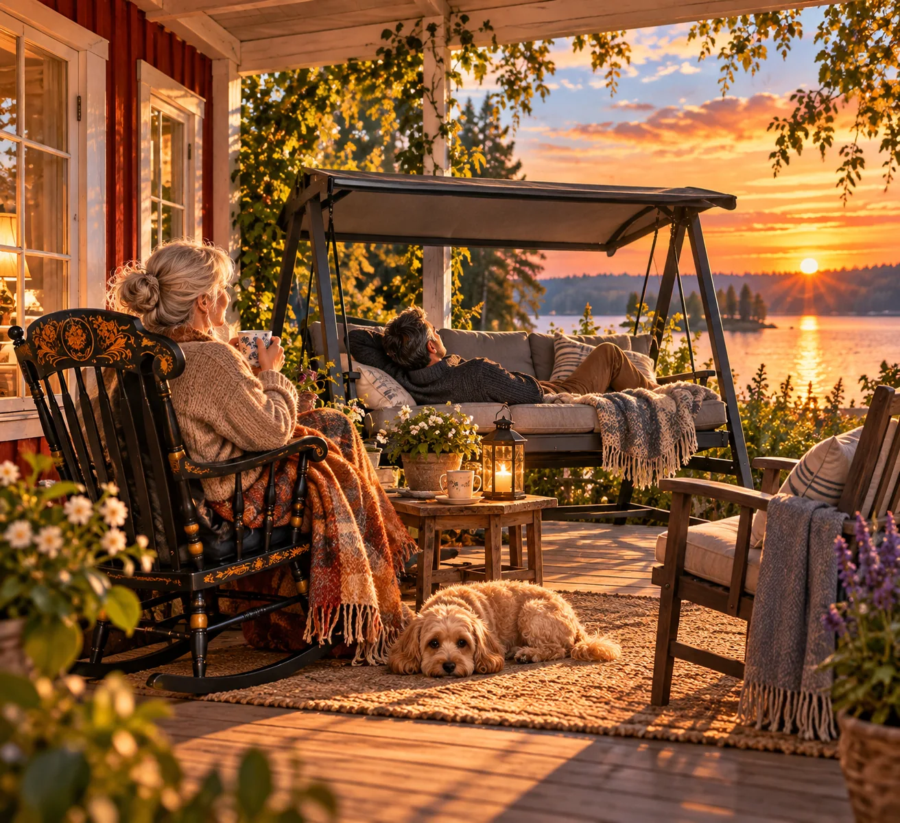 Yvonne i sin svarta gungstol och Rikard i en gunghammock på verandan