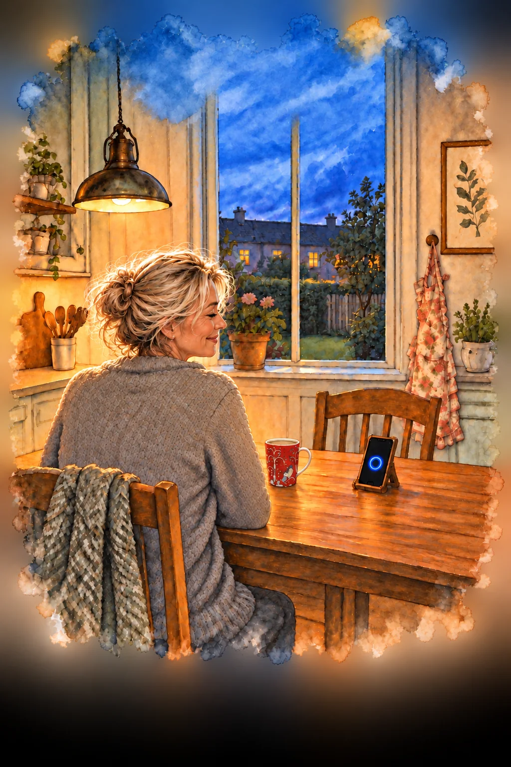 Yvonne sitter vid köksbordet och samtalar med Obstinatus i telefonen